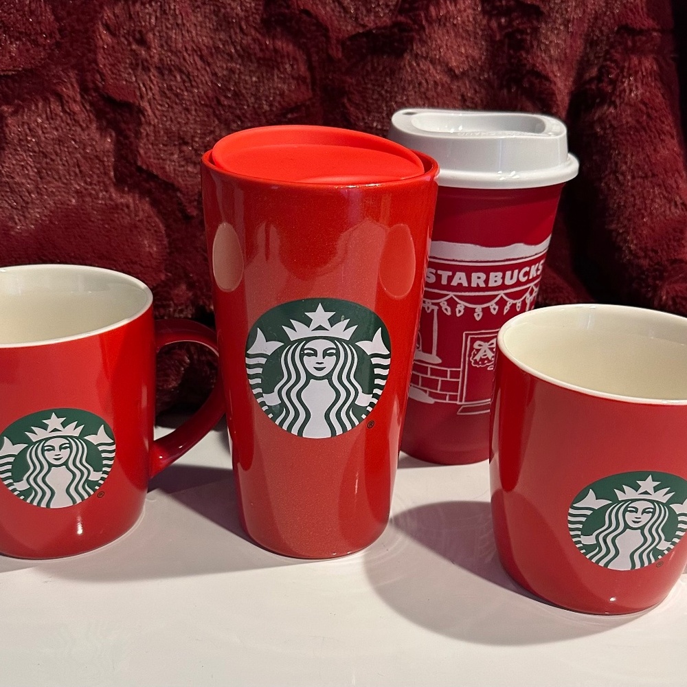 Starbucks Holiday Gift Set of 4 Red Glitter Double Wall Ceramic Tumbler & Mug